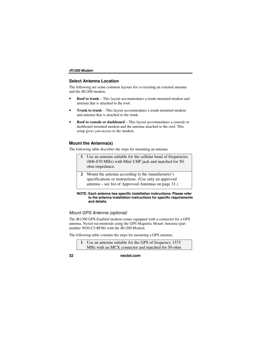 Nextel comm IR1200 manual Select Antenna Location 