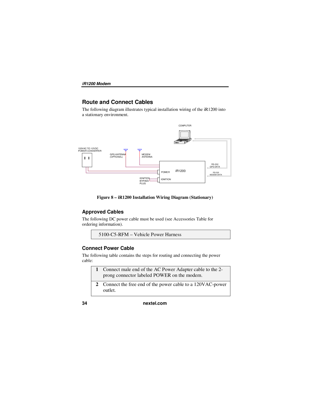 Nextel comm IR1200 manual Approved Cables, Connect Power Cable 