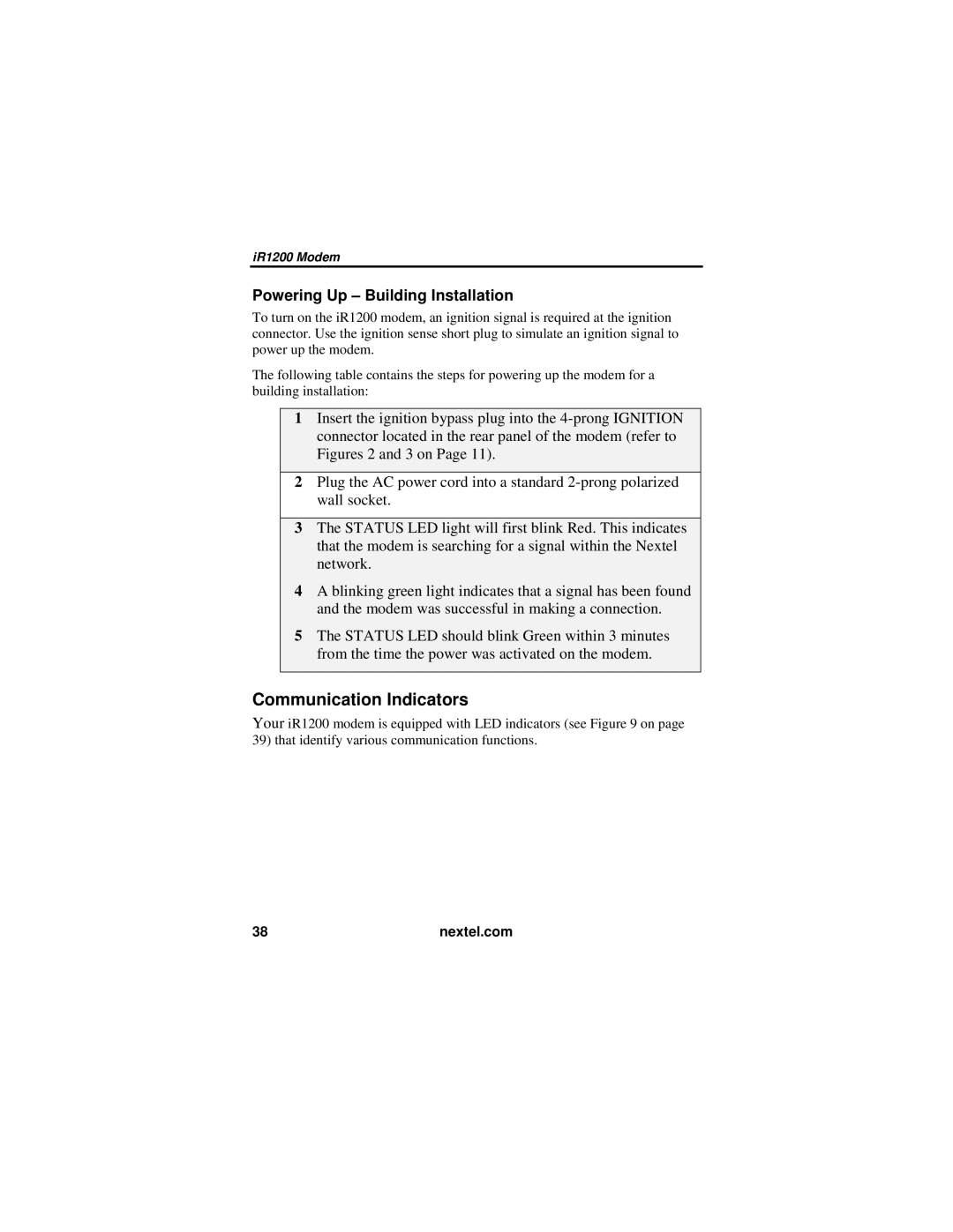 Nextel comm IR1200 manual Communication Indicators, Powering Up Building Installation 