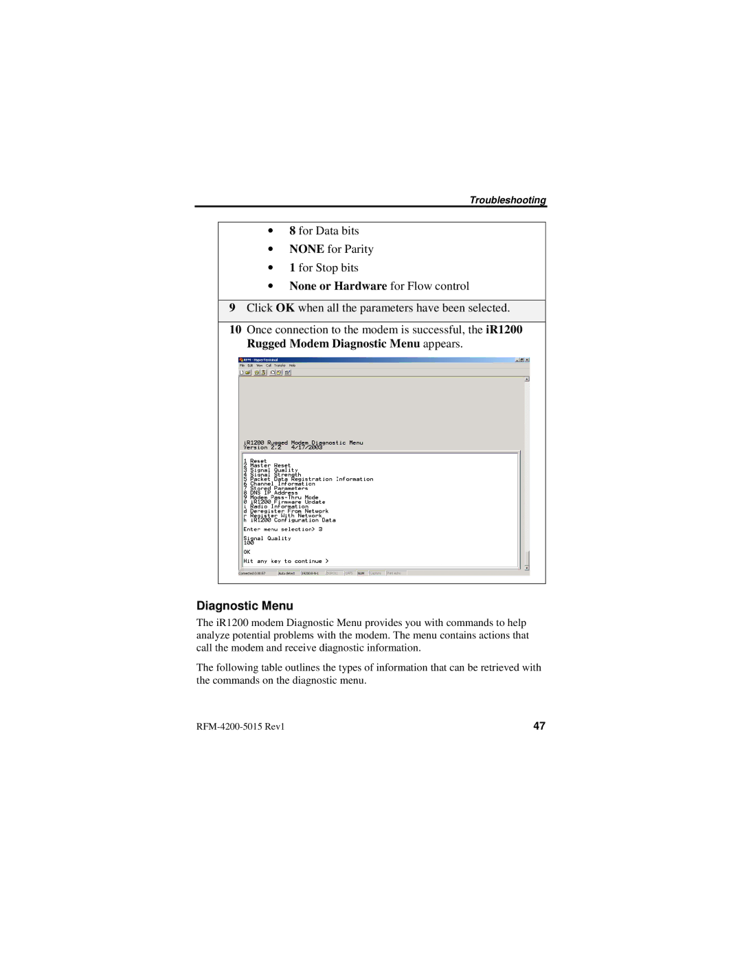 Nextel comm IR1200 manual None or Hardware for Flow control, Diagnostic Menu 