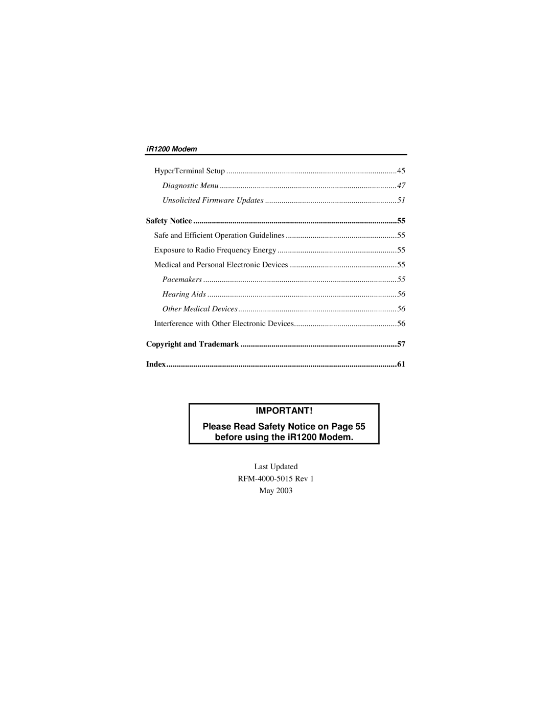 Nextel comm IR1200 manual Please Read Safety Notice on Before using the iR1200 Modem 