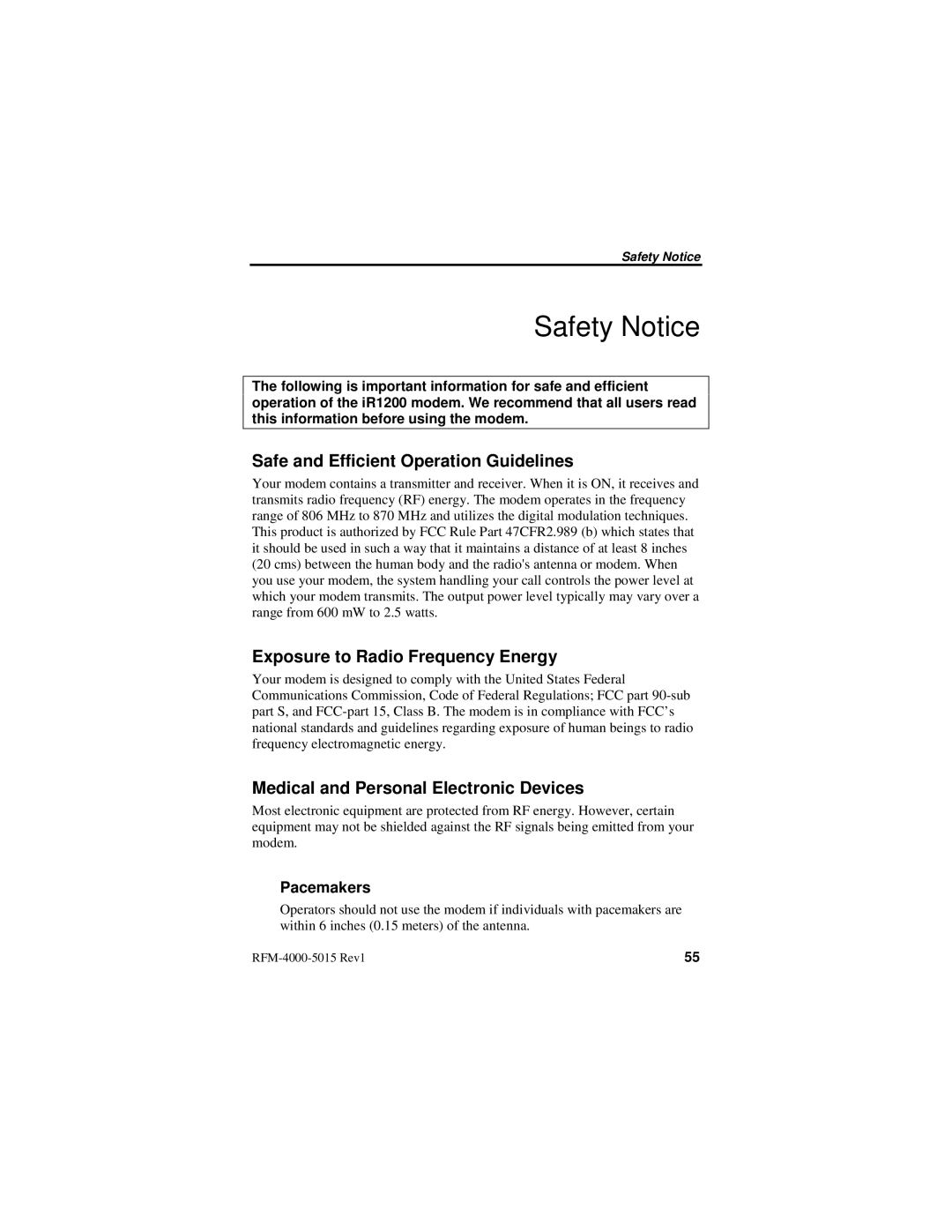 Nextel comm IR1200 Safety Notice, Safe and Efficient Operation Guidelines, Exposure to Radio Frequency Energy, Pacemakers 