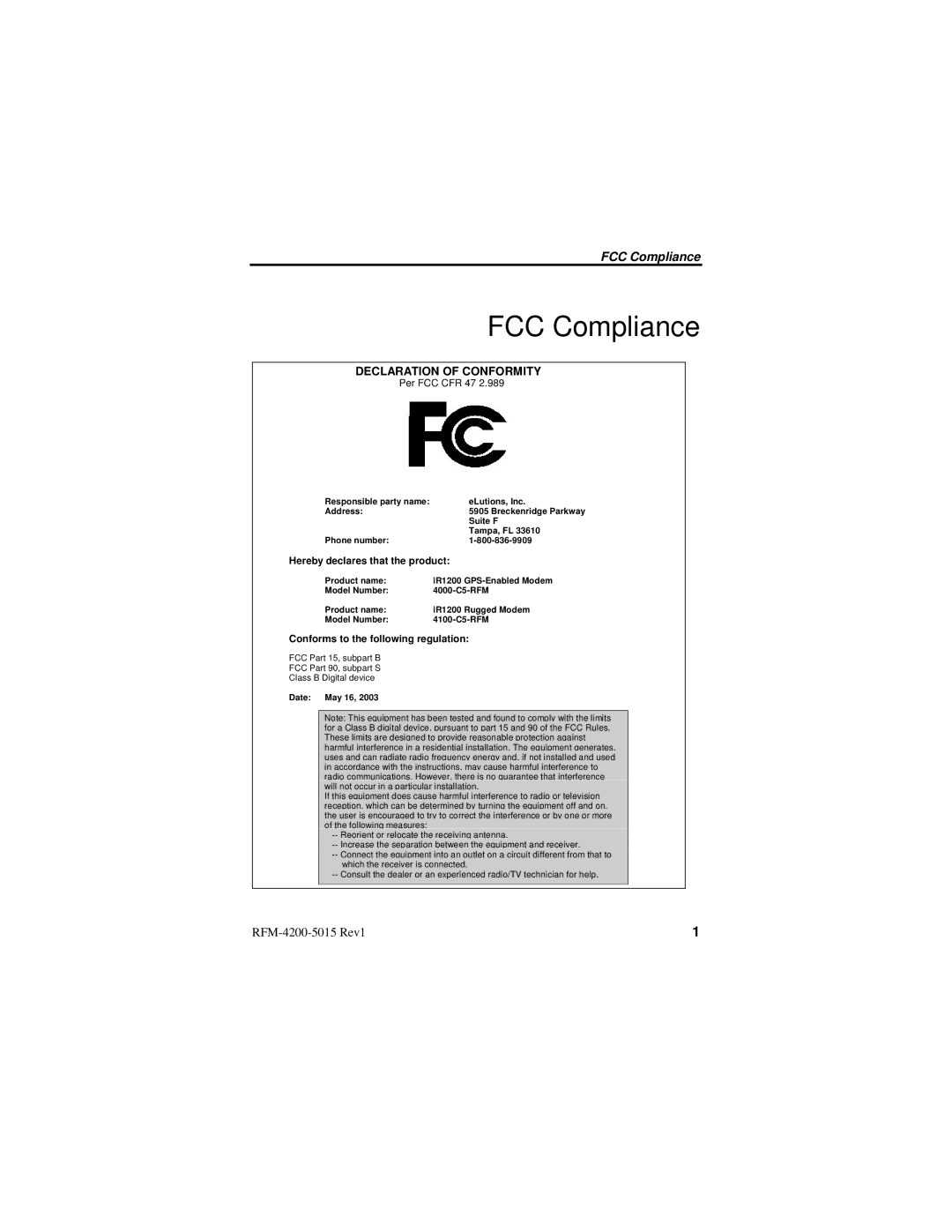 Nextel comm IR1200 manual FCC Compliance, Declaration of Conformity 