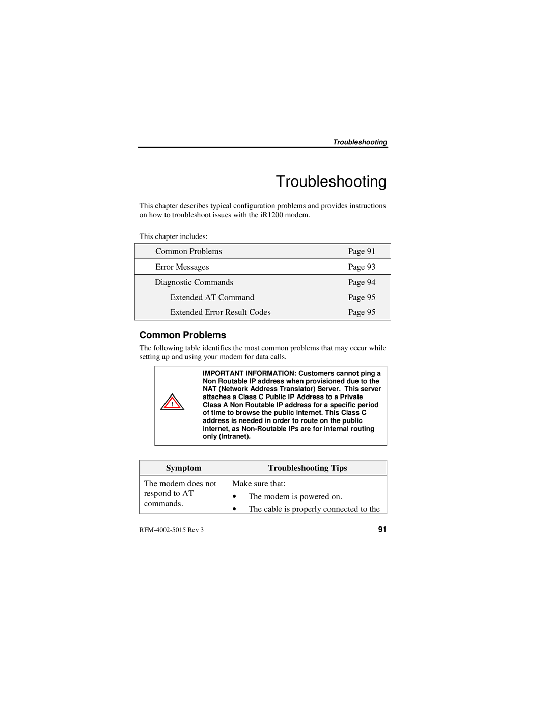 Nextel comm IR1200 manual Common Problems, Symptom Troubleshooting Tips 