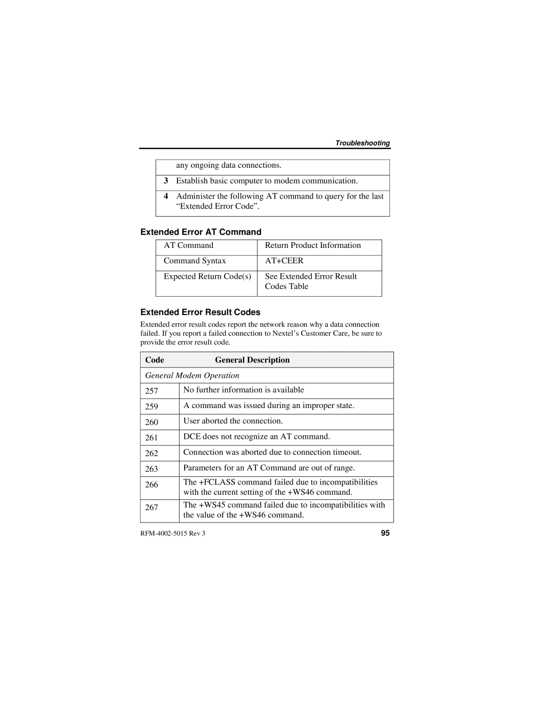 Nextel comm IR1200 manual Extended Error AT Command, Extended Error Result Codes 