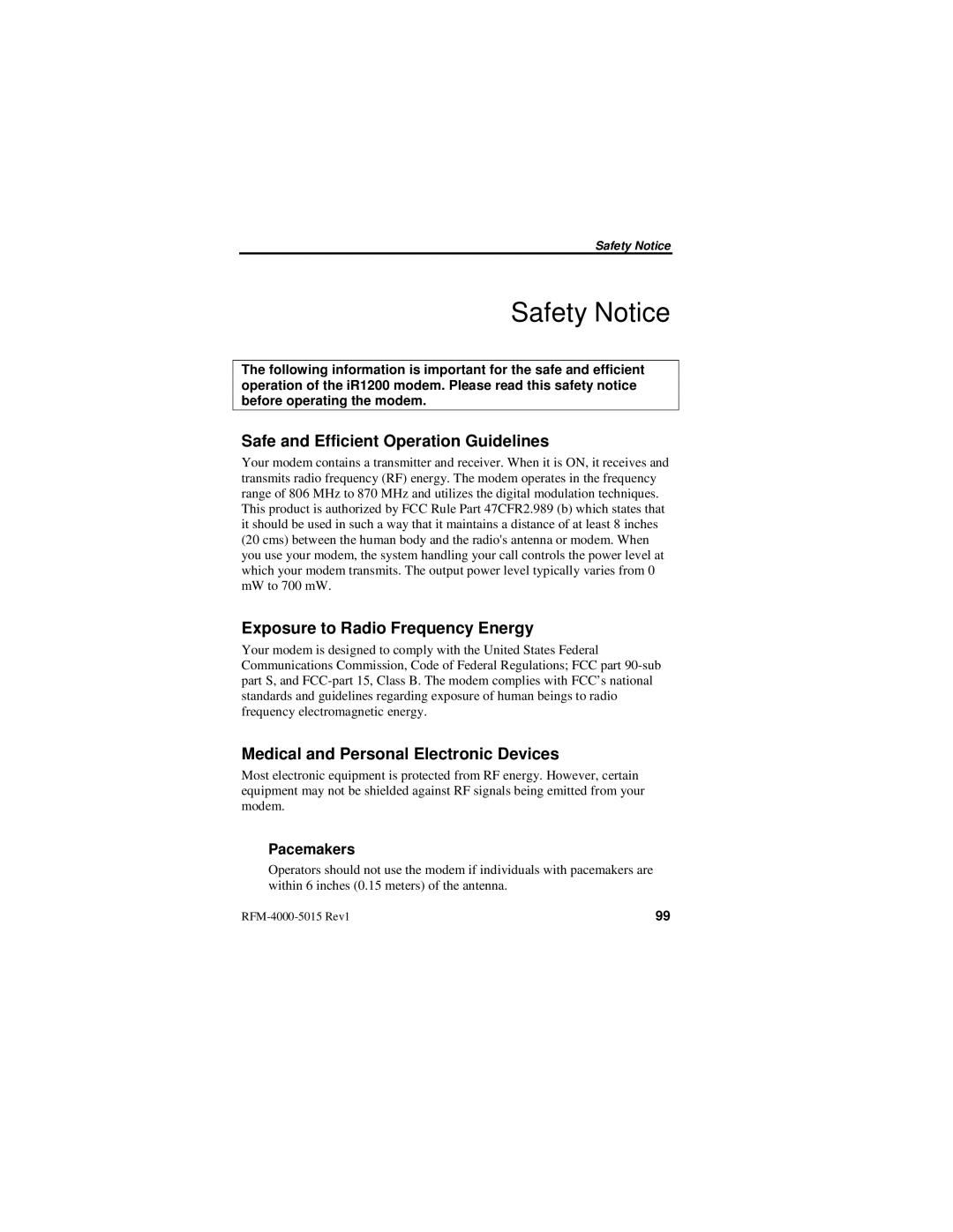 Nextel comm IR1200 Safety Notice, Safe and Efficient Operation Guidelines, Exposure to Radio Frequency Energy, Pacemakers 