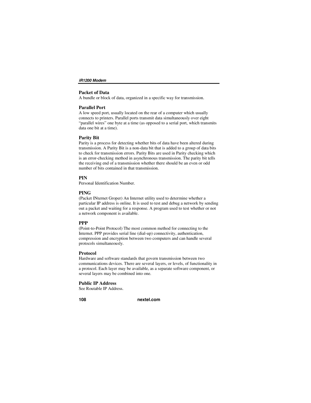 Nextel comm IR1200 manual Packet of Data, Parallel Port, Parity Bit, Protocol, Public IP Address 