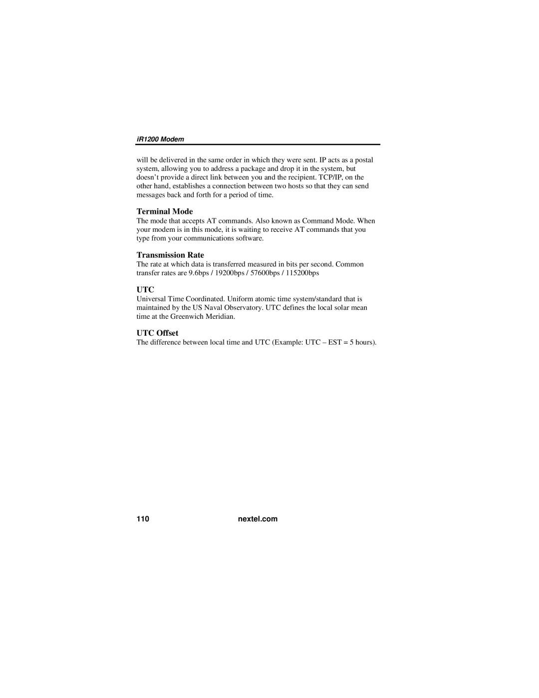 Nextel comm IR1200 manual Terminal Mode, Transmission Rate, UTC Offset 