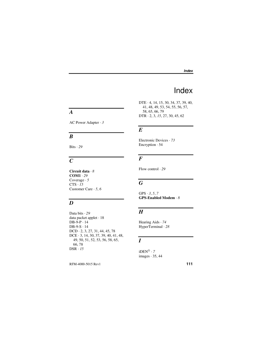 Nextel comm IR1200 manual Index, Circuit data · COM1 · 