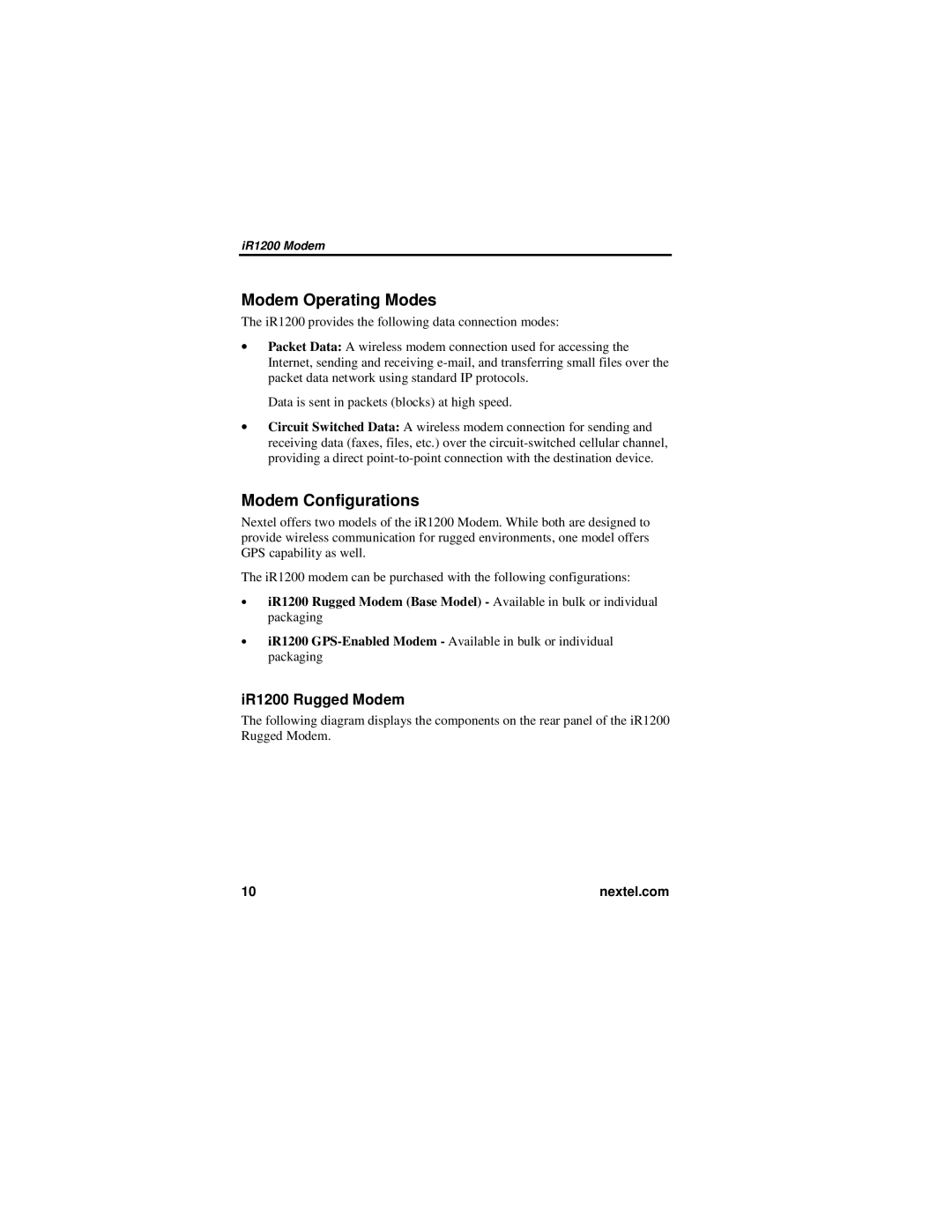 Nextel comm manual Modem Operating Modes, Modem Configurations, IR1200 Rugged Modem 