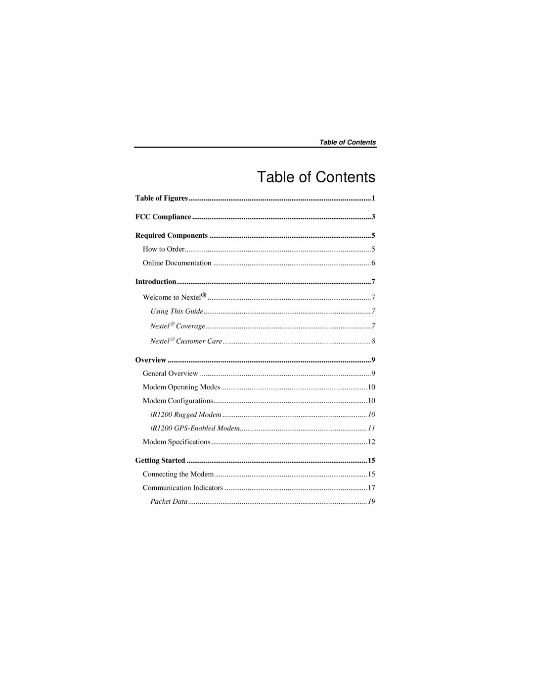 Nextel comm IR1200 manual Table of Contents 