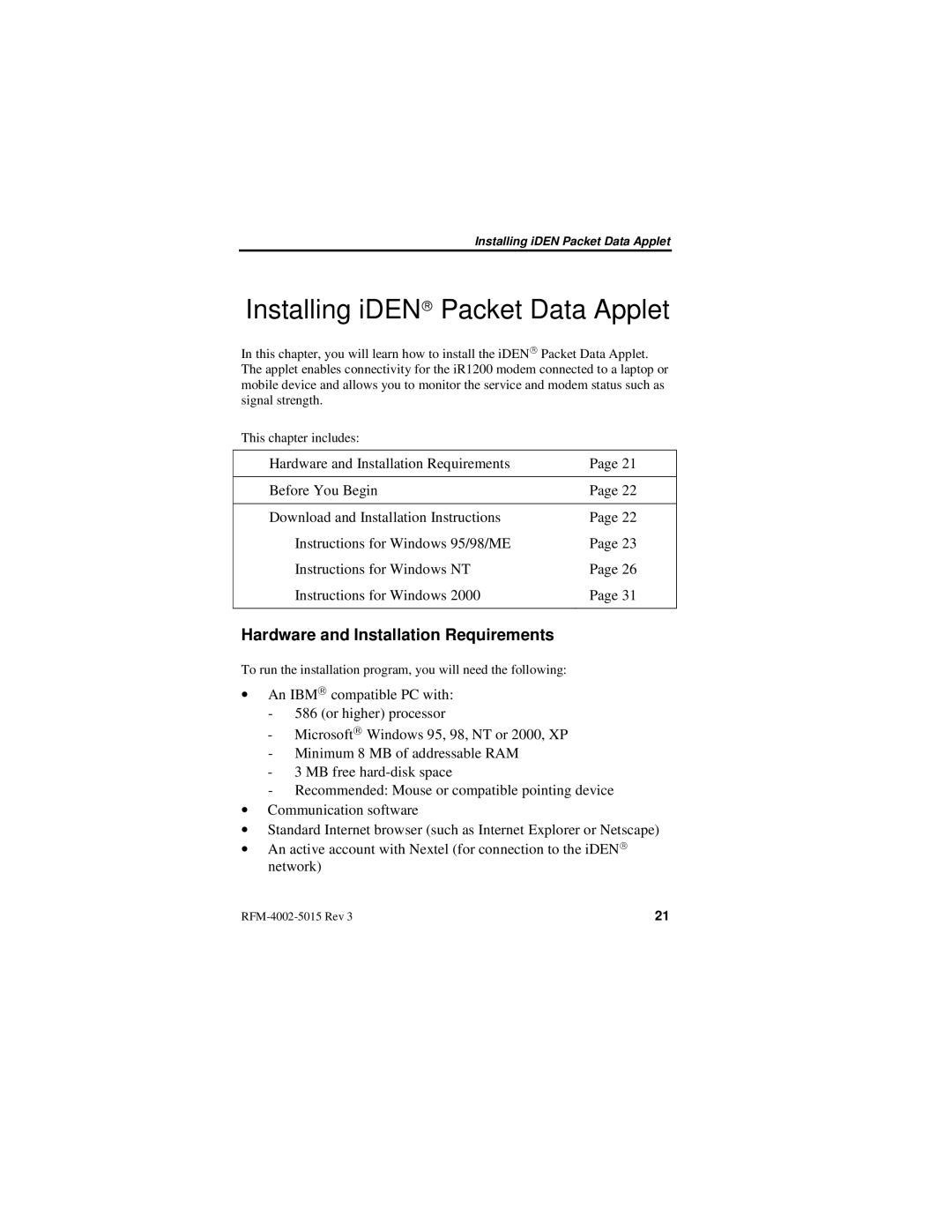 Nextel comm IR1200 manual Installing iDEN Packet Data Applet, Hardware and Installation Requirements 