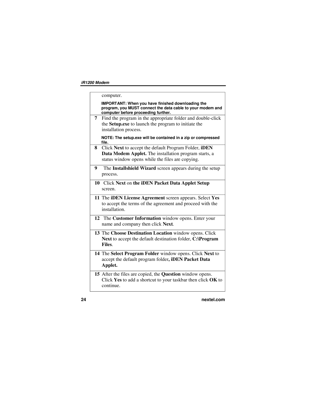 Nextel comm IR1200 manual Computer, Click Next on the iDEN Packet Data Applet Setup screen 