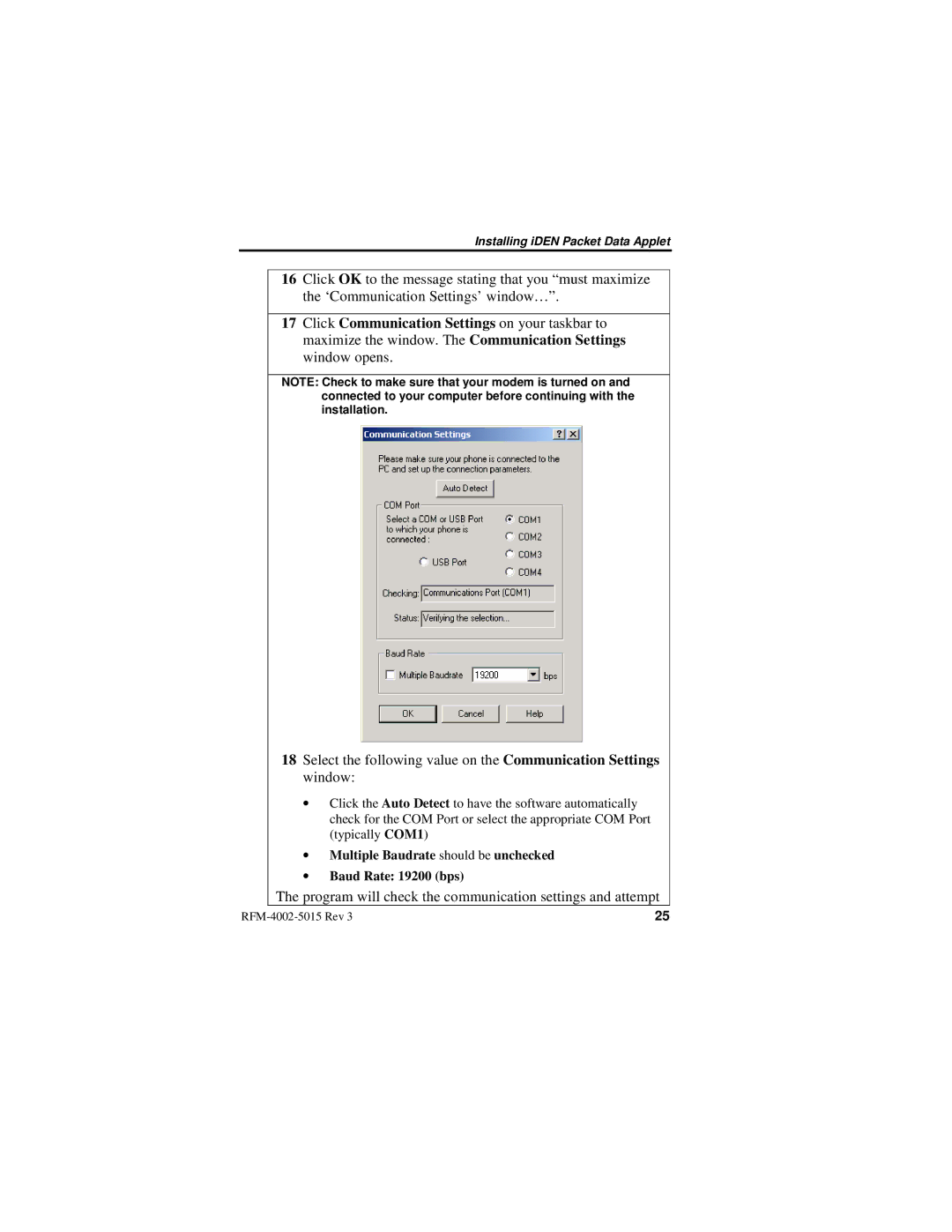 Nextel comm IR1200 manual Program will check the communication settings and attempt 