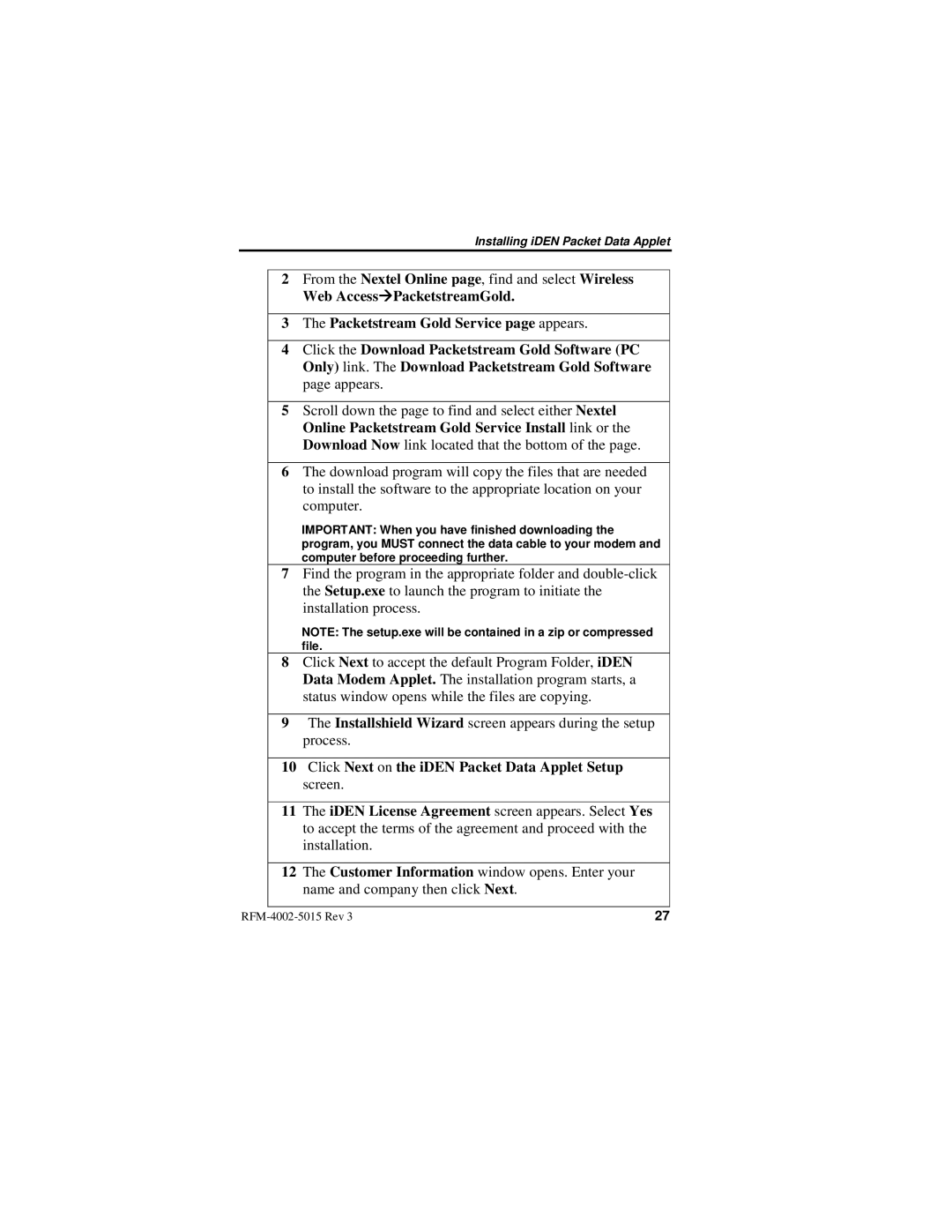 Nextel comm IR1200 manual Click Next on the iDEN Packet Data Applet Setup screen 