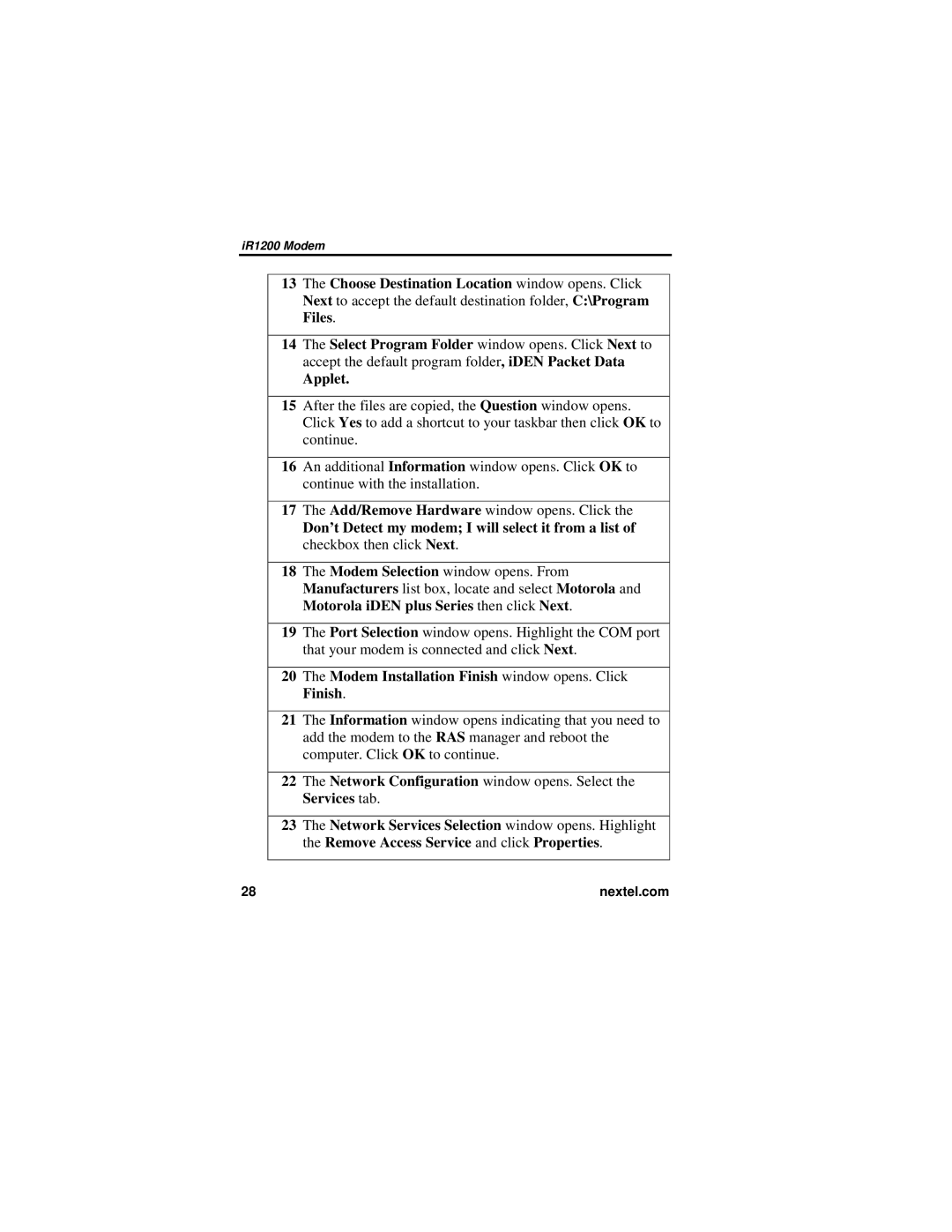 Nextel comm IR1200 manual Modem Installation Finish window opens. Click Finish 