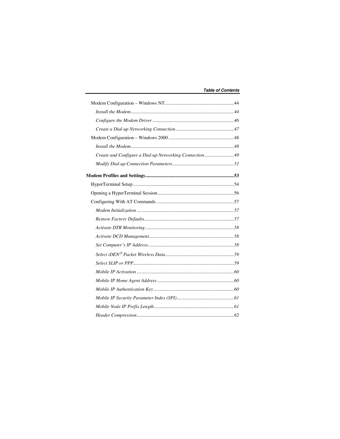 Nextel comm IR1200 manual Modem Configuration Windows NT 