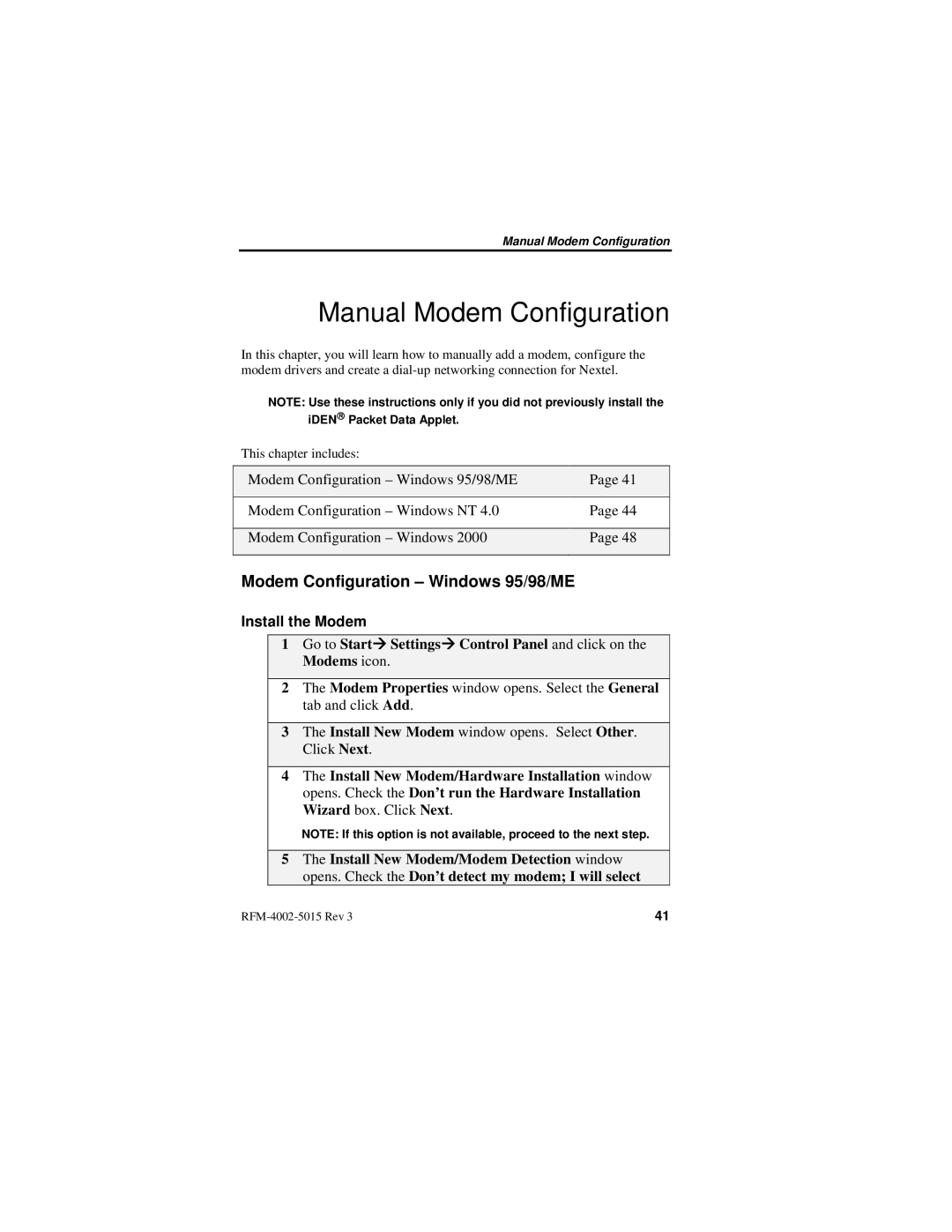 Nextel comm IR1200 manual Manual Modem Configuration, Modem Configuration Windows 95/98/ME, Install the Modem 