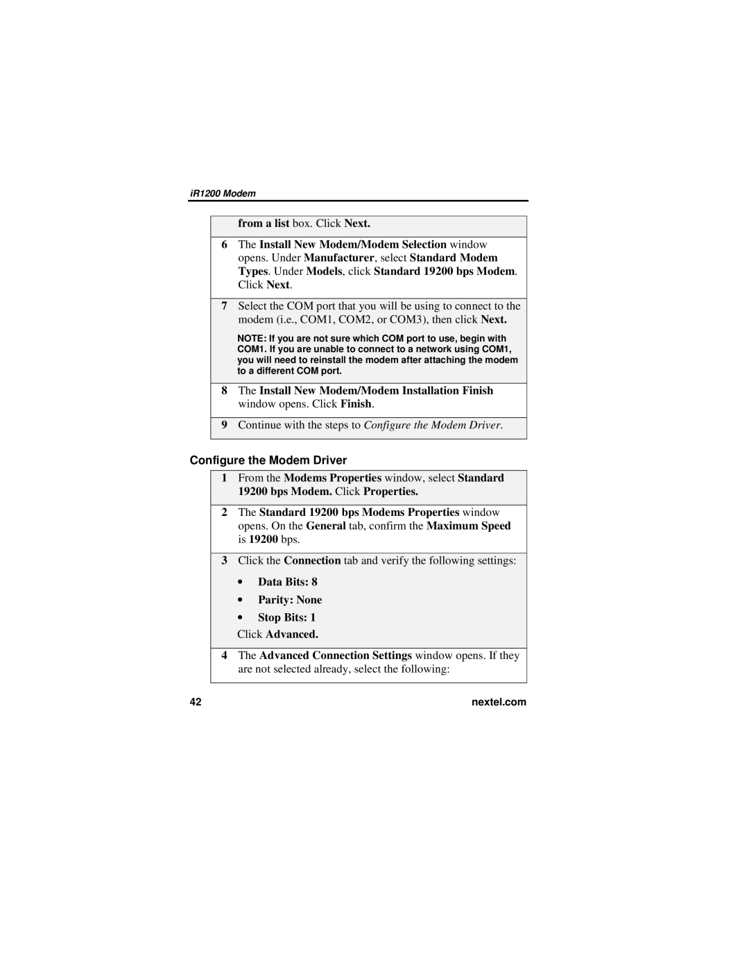 Nextel comm IR1200 manual Configure the Modem Driver 