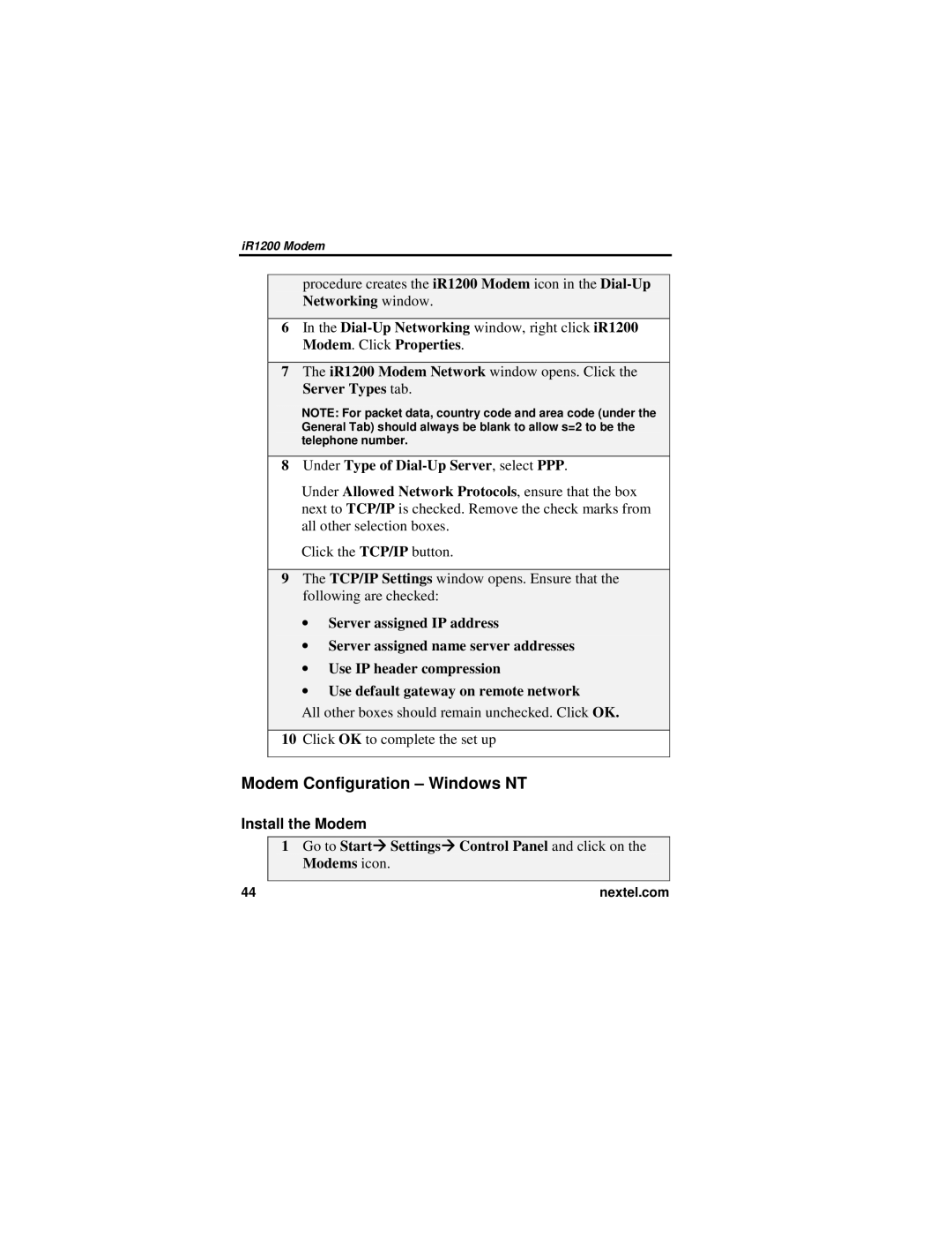 Nextel comm IR1200 manual Modem Configuration Windows NT, Under Type of Dial-Up Server, select PPP 