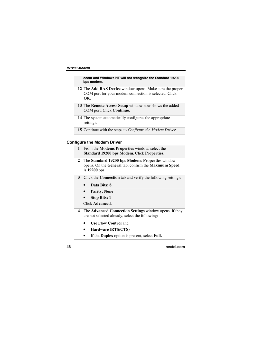 Nextel comm IR1200 manual Configure the Modem Driver 