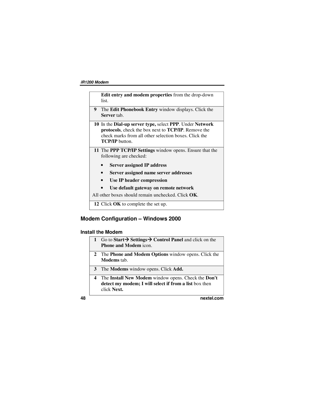 Nextel comm IR1200 manual Modem Configuration Windows, Edit entry and modem properties from the drop-down list 