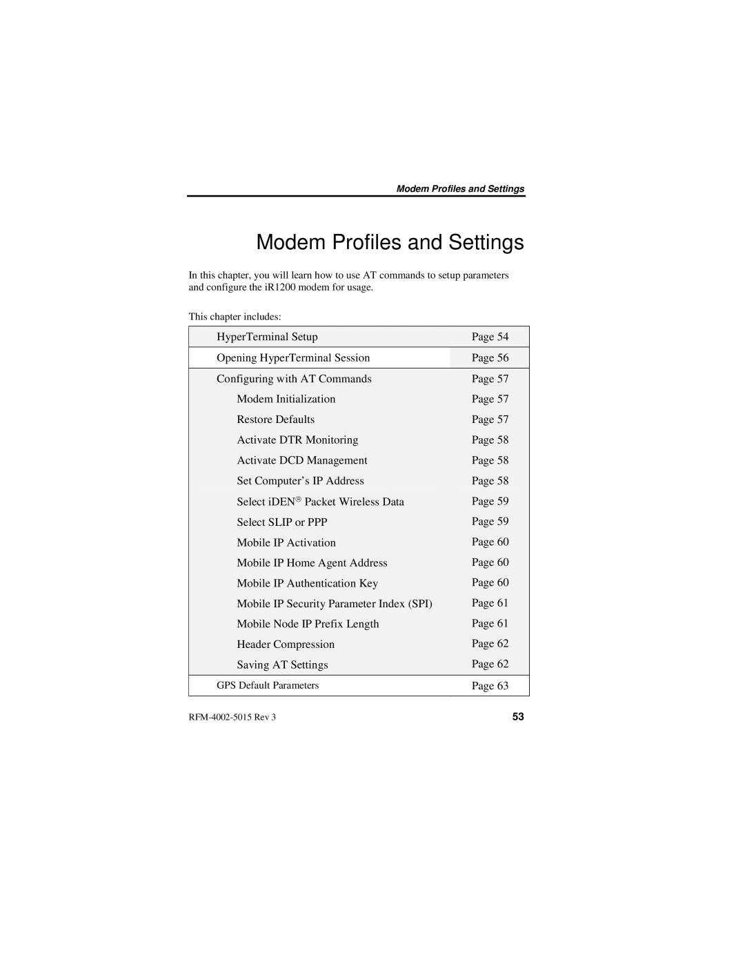 Nextel comm IR1200 manual Modem Profiles and Settings 