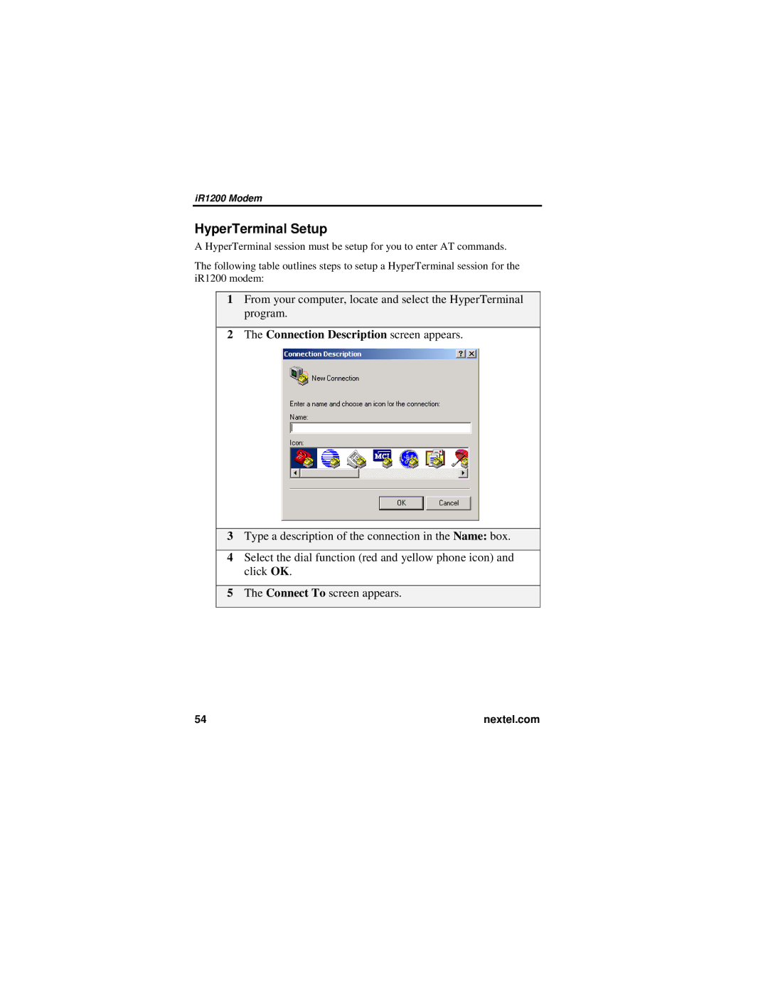 Nextel comm IR1200 manual HyperTerminal Setup, Connection Description screen appears 