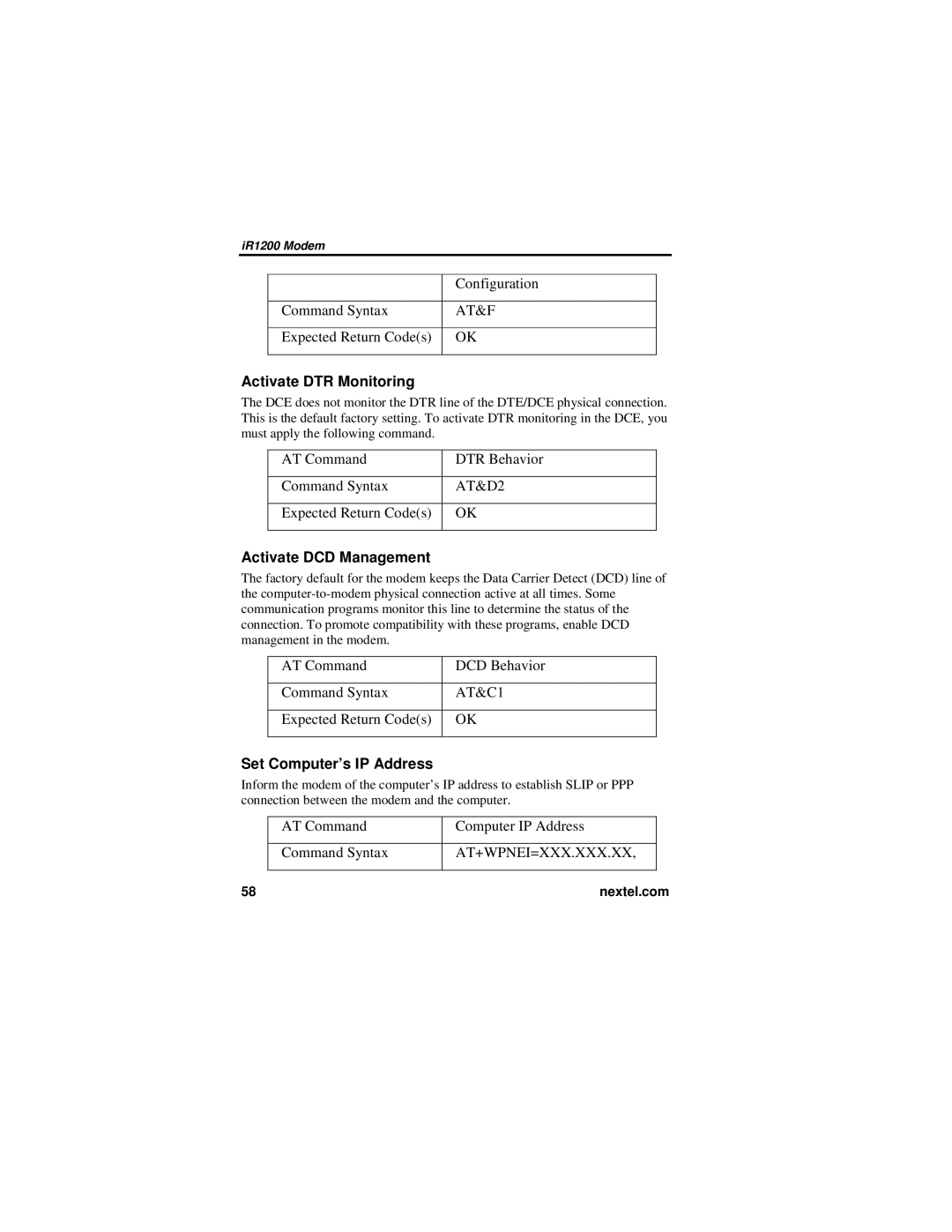 Nextel comm IR1200 manual Activate DTR Monitoring, Activate DCD Management, Set Computer’s IP Address 