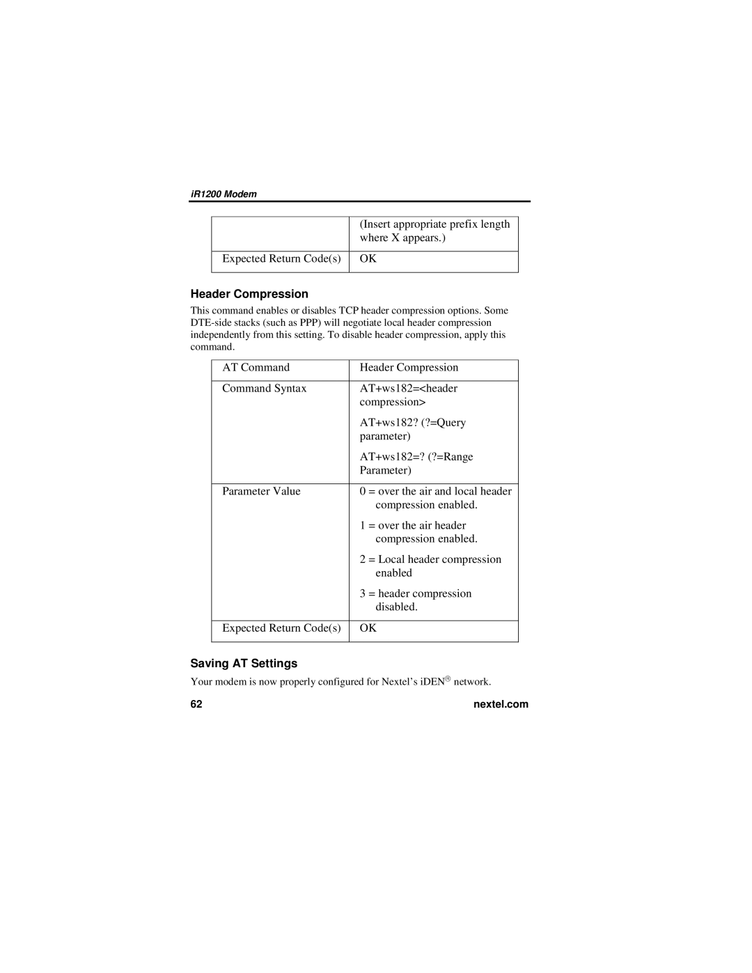 Nextel comm IR1200 manual Header Compression, Saving AT Settings 