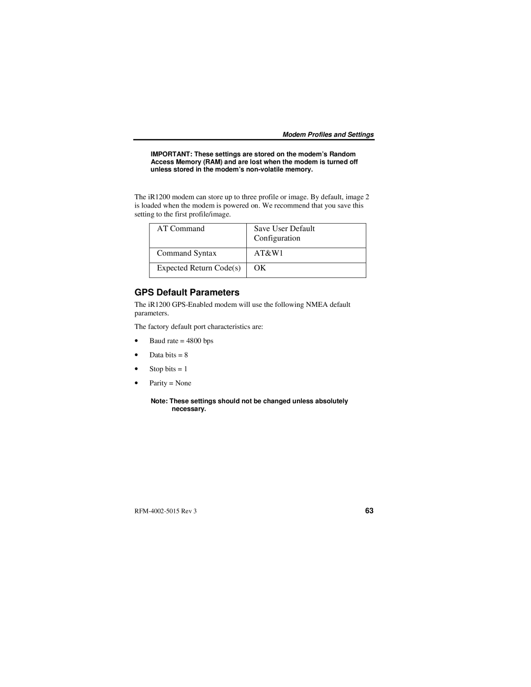 Nextel comm IR1200 manual GPS Default Parameters 