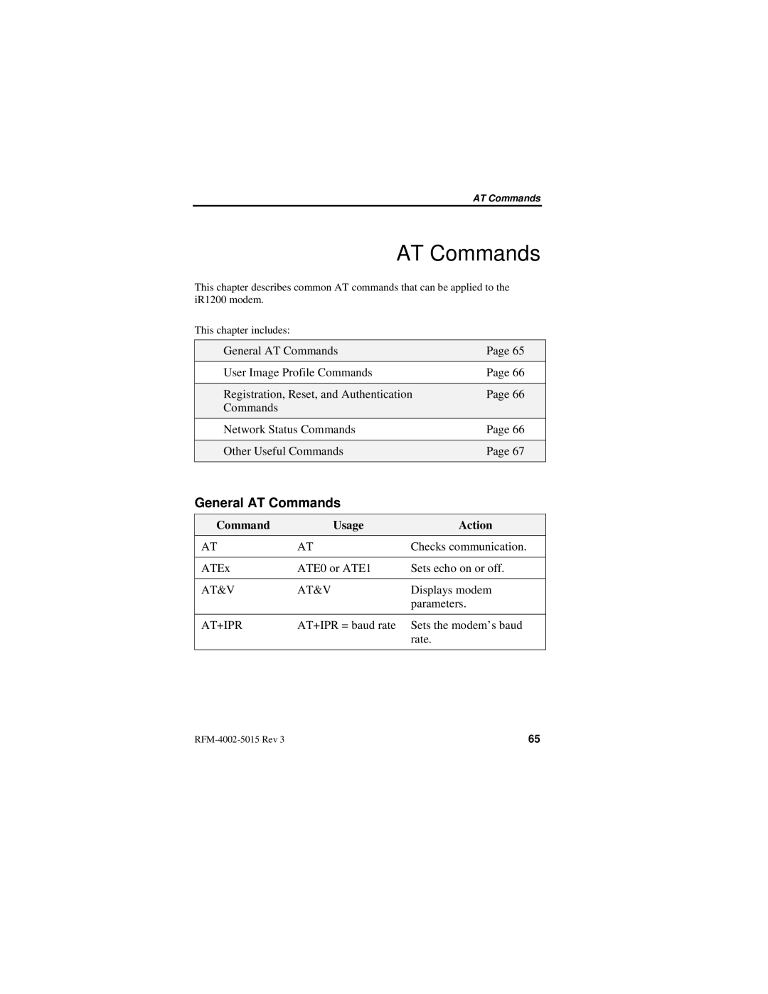 Nextel comm IR1200 manual General AT Commands, Command Usage Action 