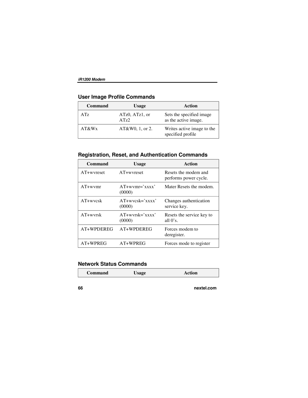 Nextel comm IR1200 User Image Profile Commands, Registration, Reset, and Authentication Commands, Network Status Commands 