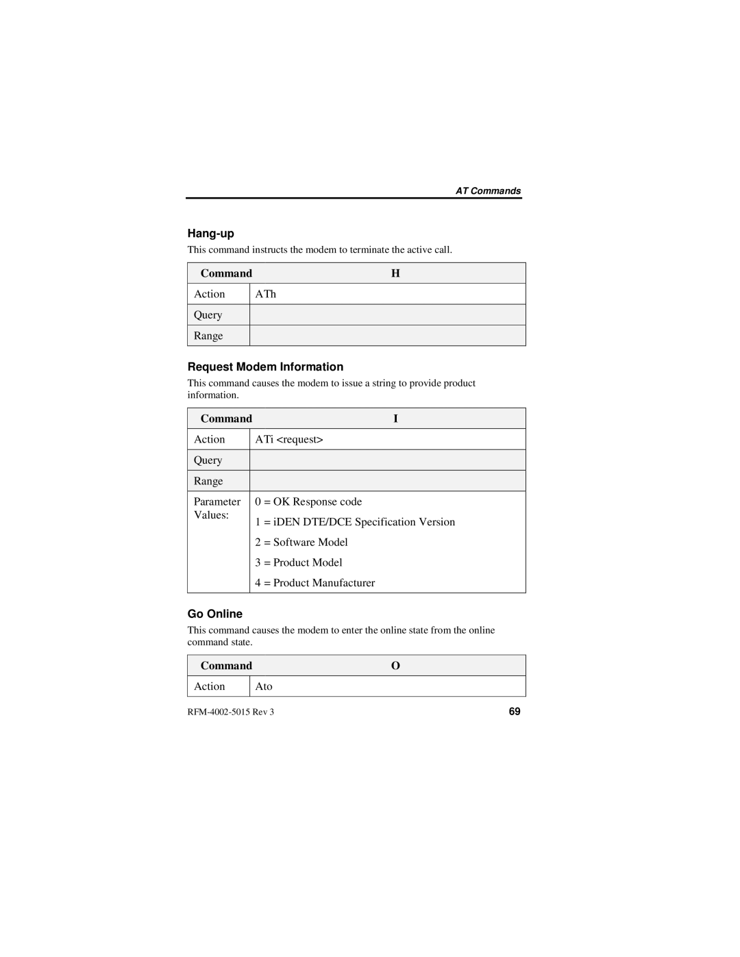 Nextel comm IR1200 manual Hang-up, Request Modem Information, Go Online 