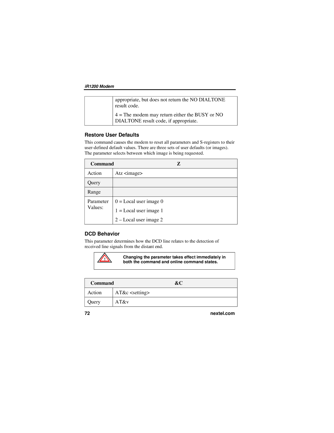 Nextel comm IR1200 manual Restore User Defaults, DCD Behavior 