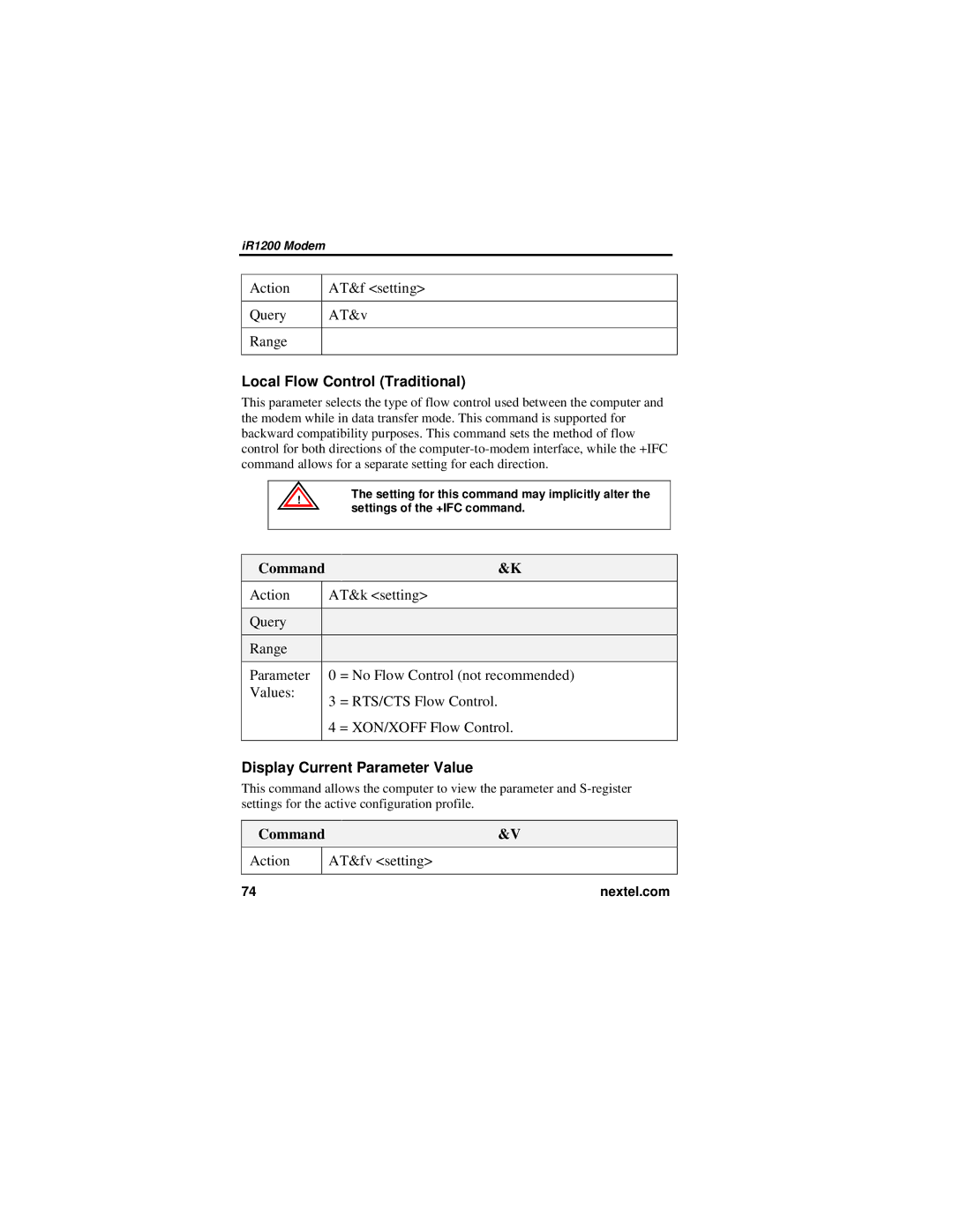 Nextel comm IR1200 manual Local Flow Control Traditional, Command&K, Display Current Parameter Value, Command&V 