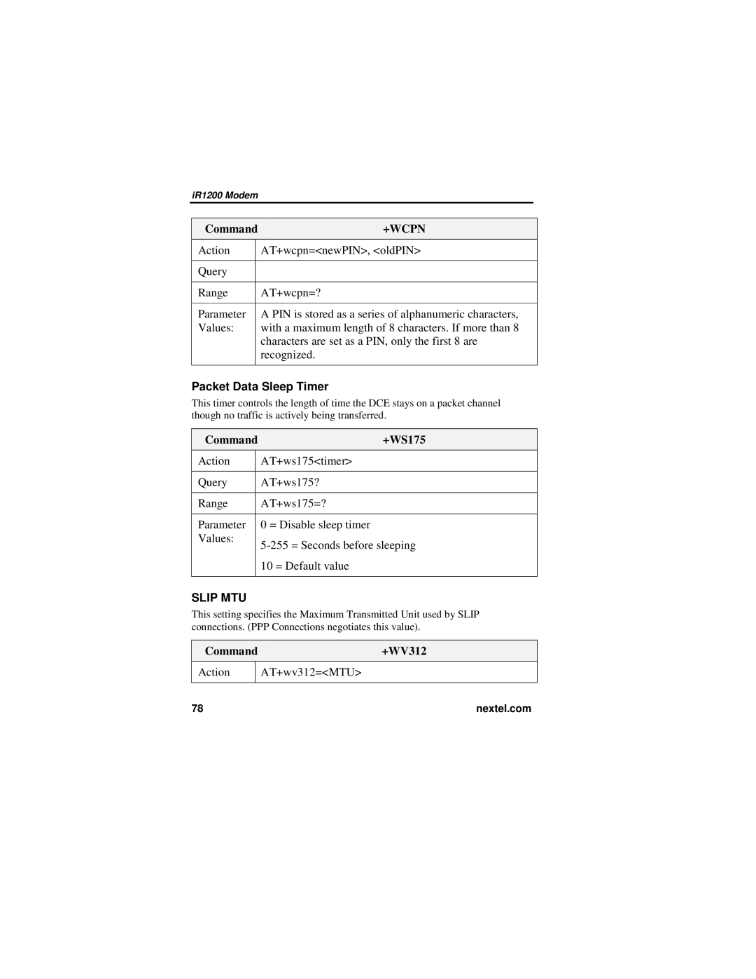 Nextel comm IR1200 manual Packet Data Sleep Timer, Command +WS175, Command+WV312 