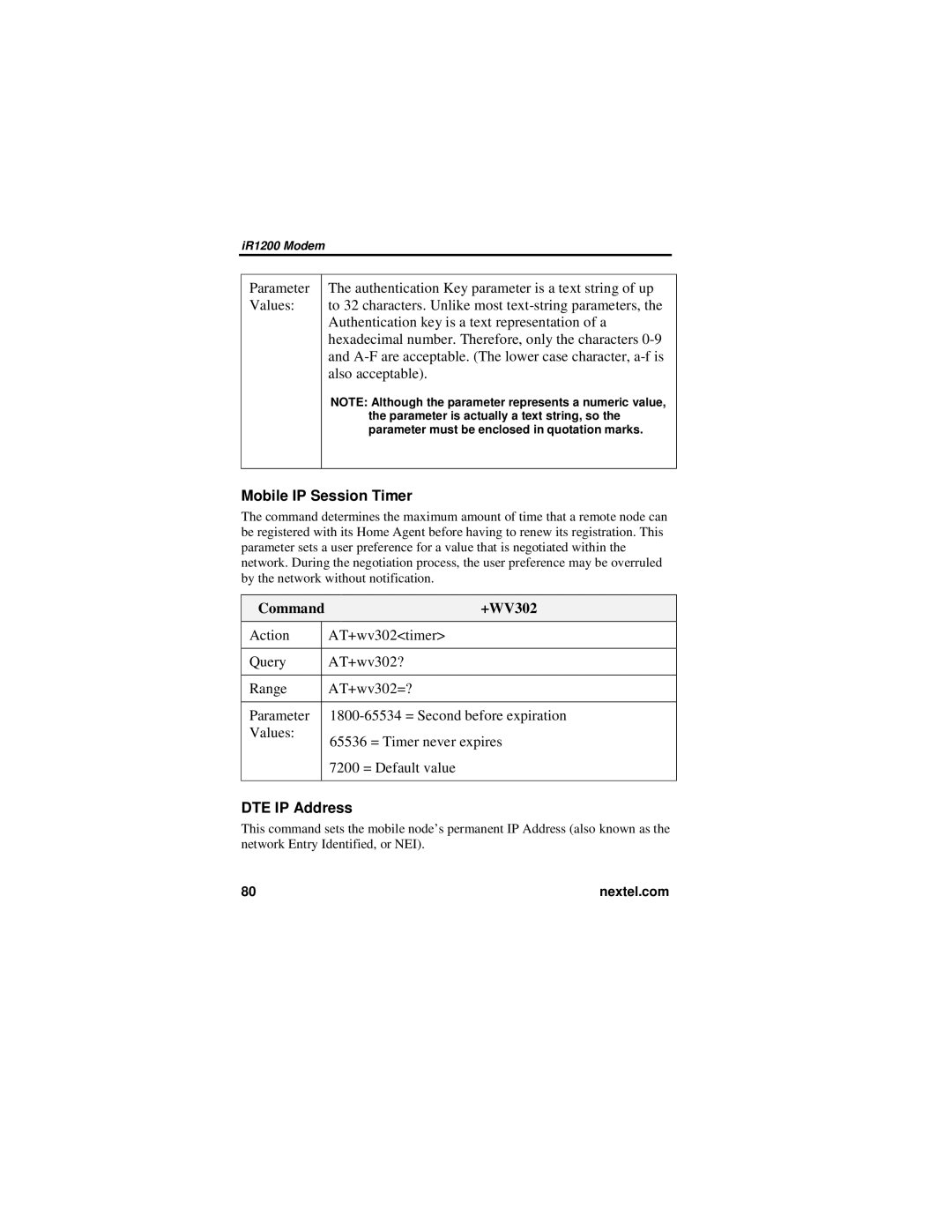 Nextel comm IR1200 manual Mobile IP Session Timer, Command +WV302, DTE IP Address 