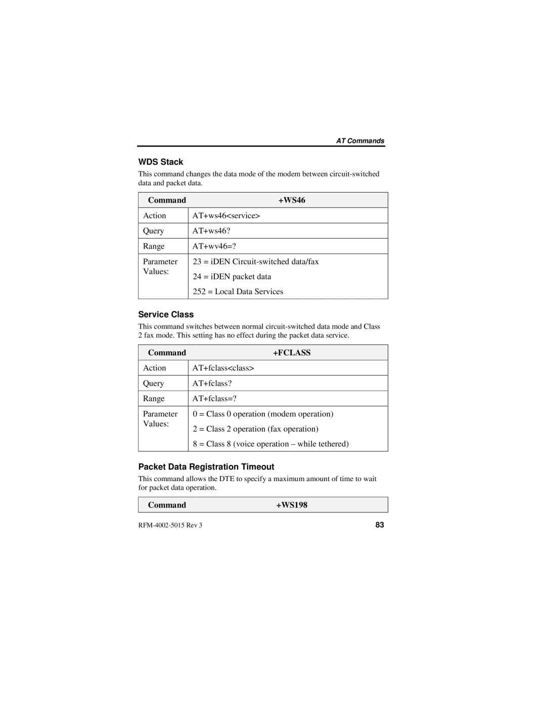 Nextel comm IR1200 manual WDS Stack, Service Class, Packet Data Registration Timeout 