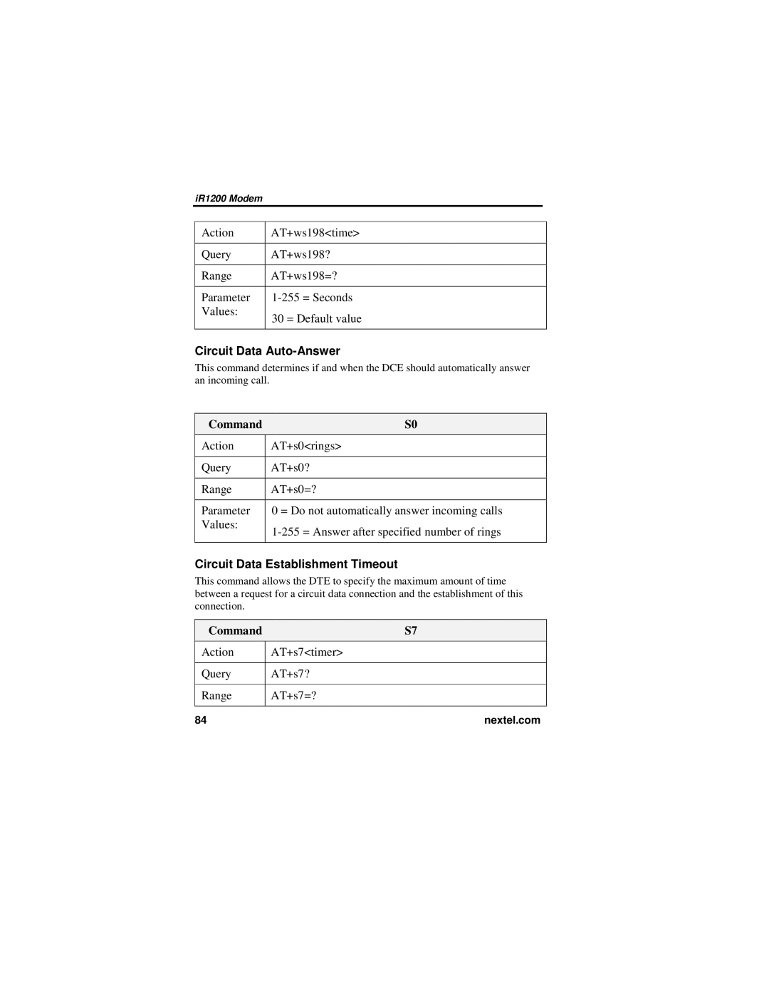 Nextel comm IR1200 manual Circuit Data Auto-Answer, Circuit Data Establishment Timeout 