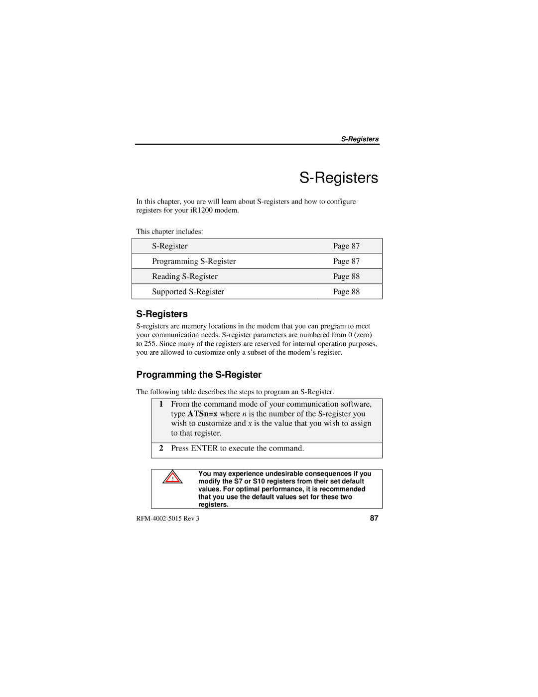 Nextel comm IR1200 manual Registers, Programming the S-Register 