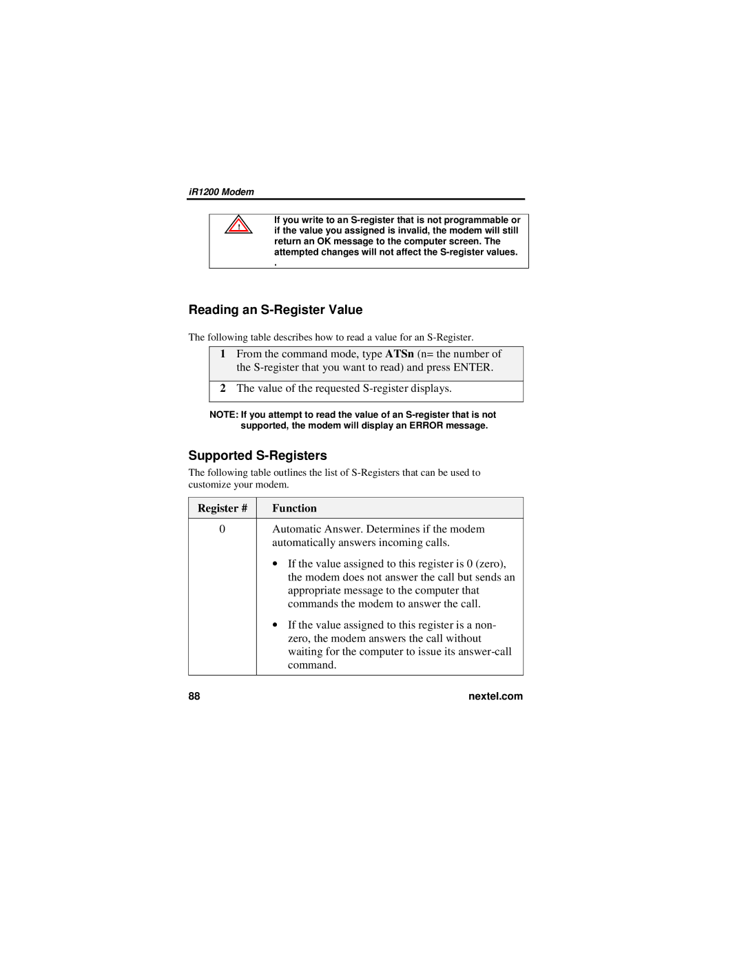 Nextel comm IR1200 manual Reading an S-Register Value, Supported S-Registers, Register # Function 