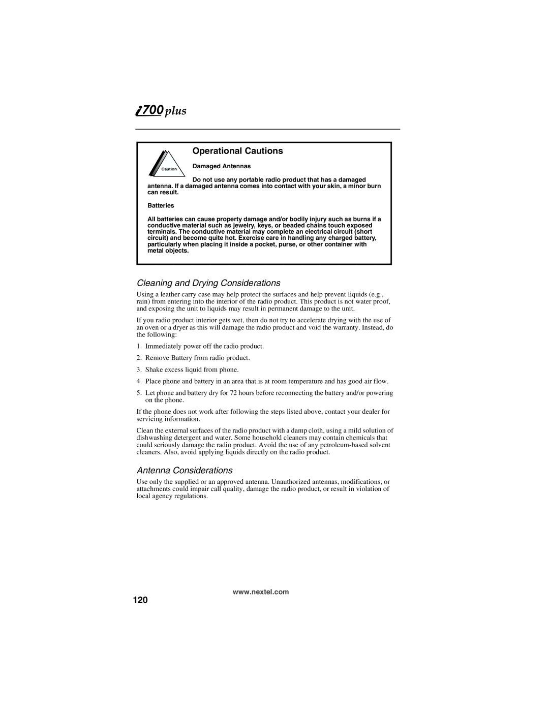 Nextel comm NTN9368-A manual Operational Cautions, Cleaning and Drying Considerations, Antenna Considerations, 120 