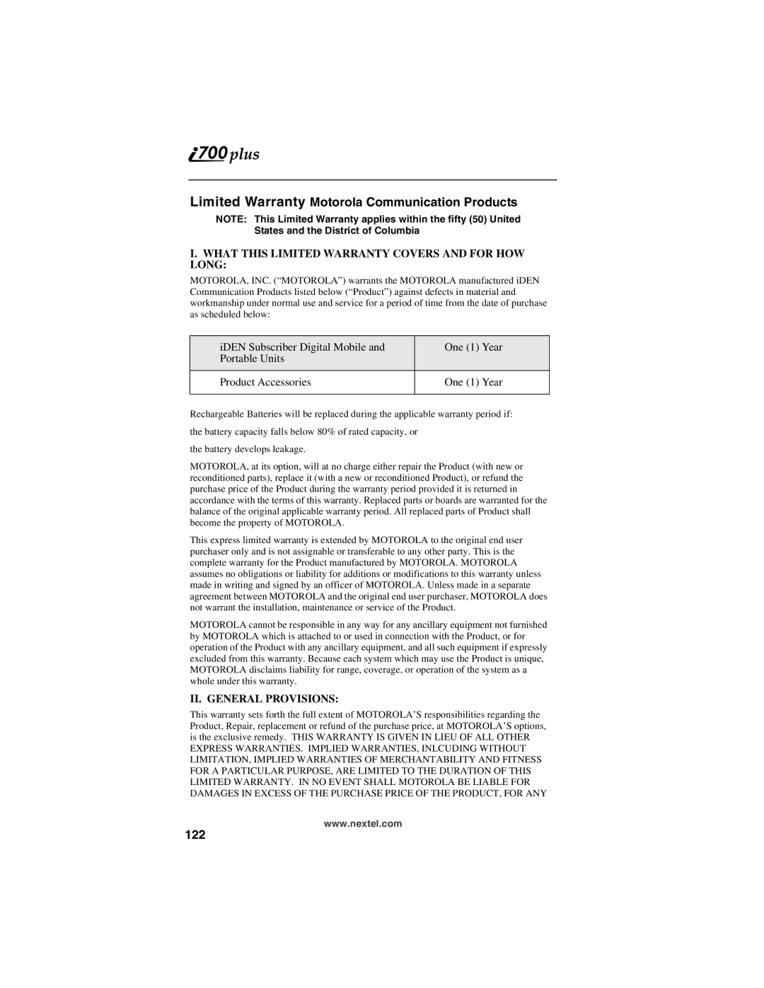 Nextel comm NTN9368-A manual Limited Warranty Motorola Communication Products, 122 