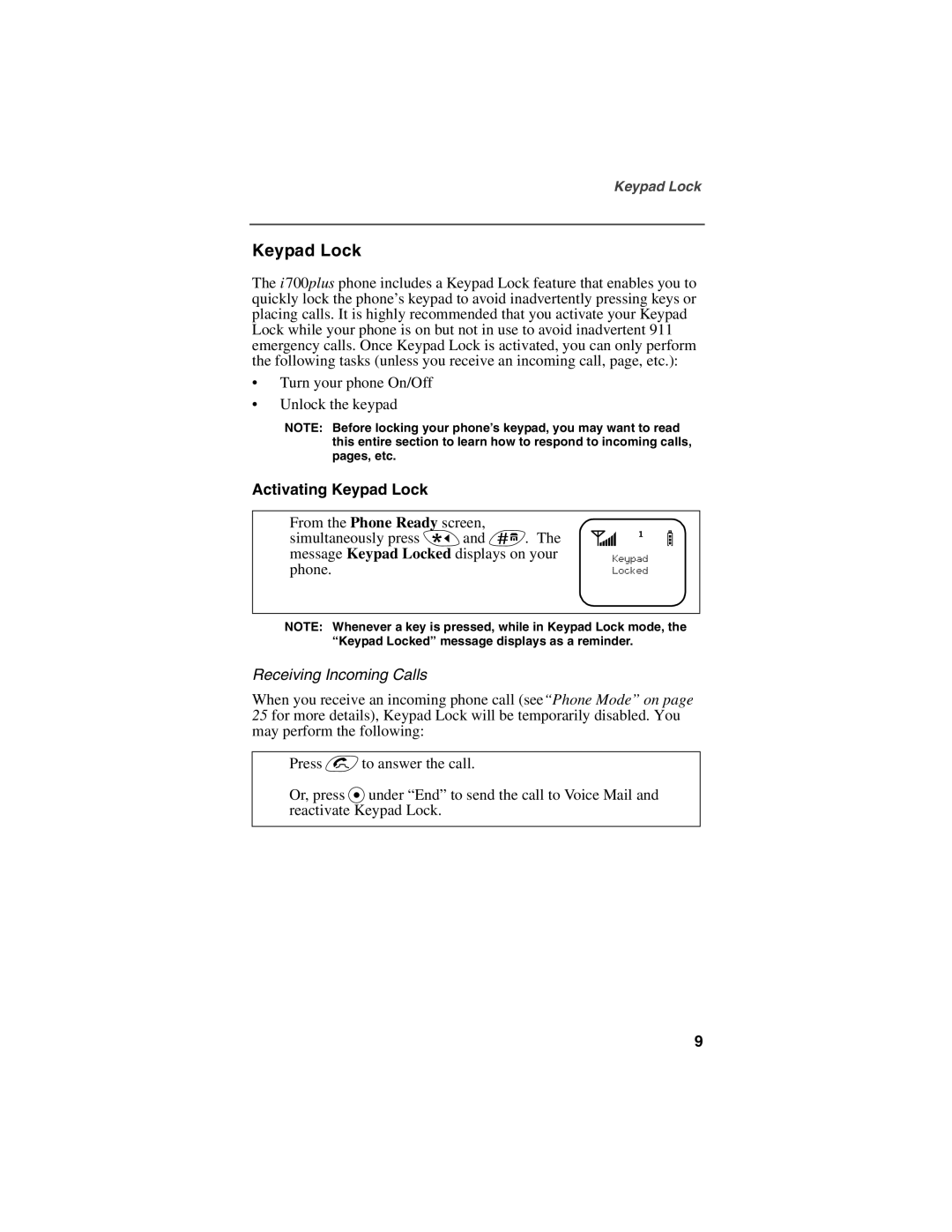 Nextel comm NTN9368-A manual Activating Keypad Lock, Receiving Incoming Calls 