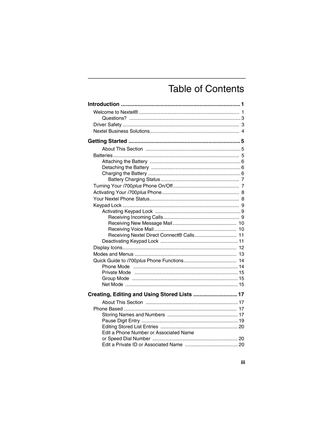 Nextel comm NTN9368-A manual Table of Contents 