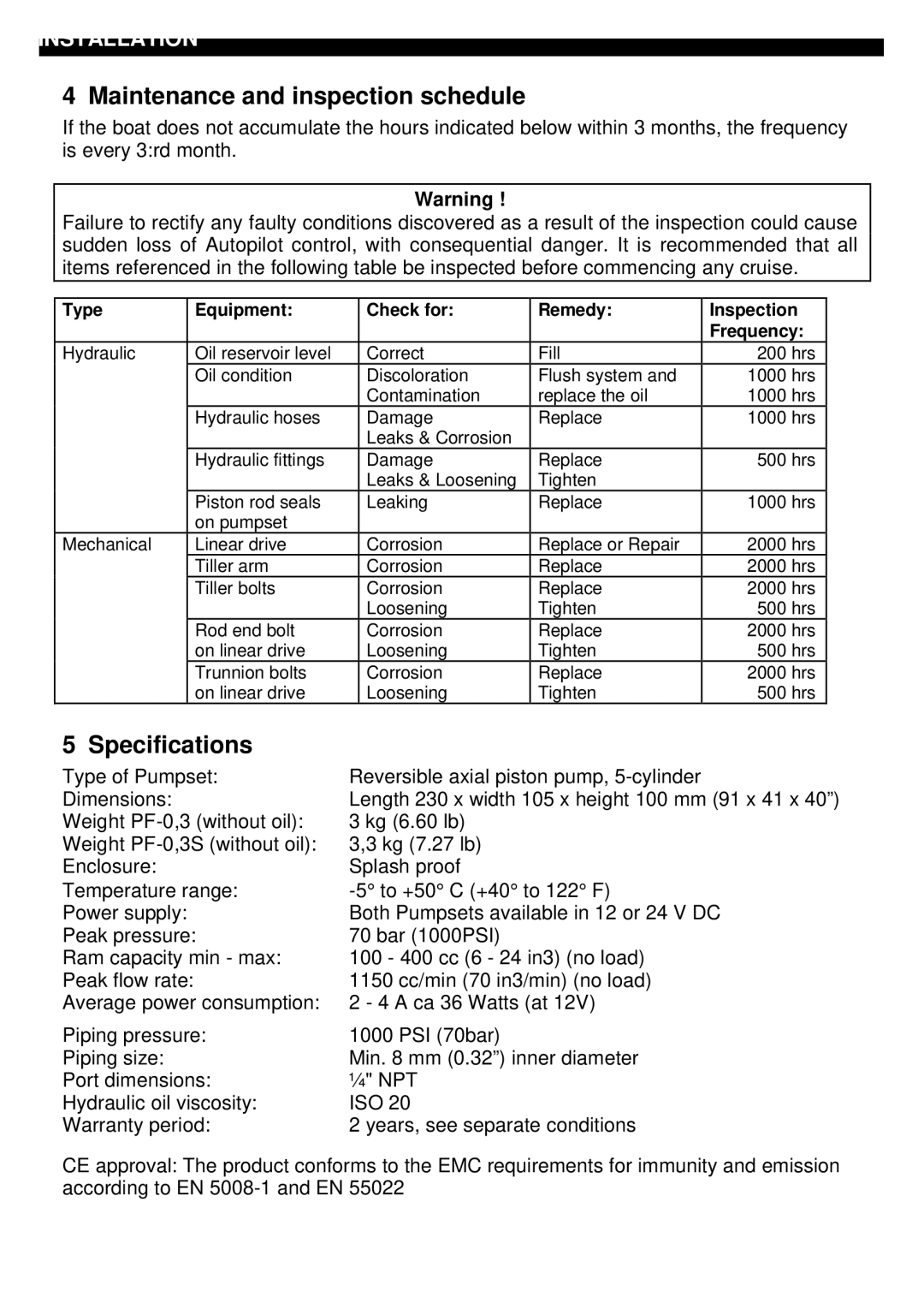 Nexus 21 3, PF-0 installation manual Maintenance and inspection schedule, Specifications 