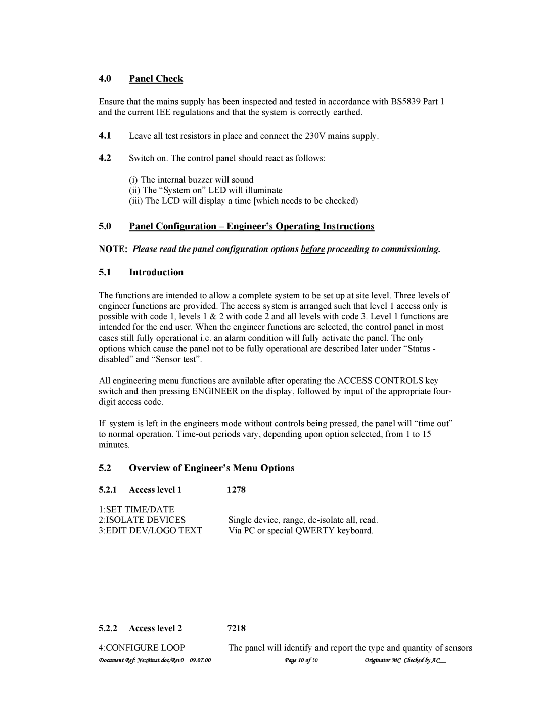 Nexus 21 A1557 technical specifications Overview of Engineer’s Menu Options, Access level 1278 