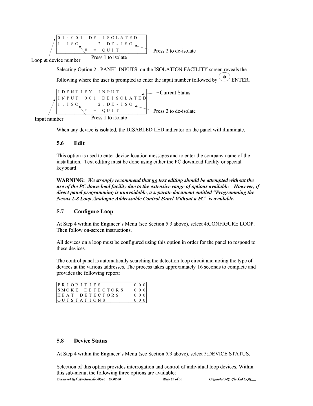 Nexus 21 A1557 technical specifications Edit, Configure Loop, Device Status 