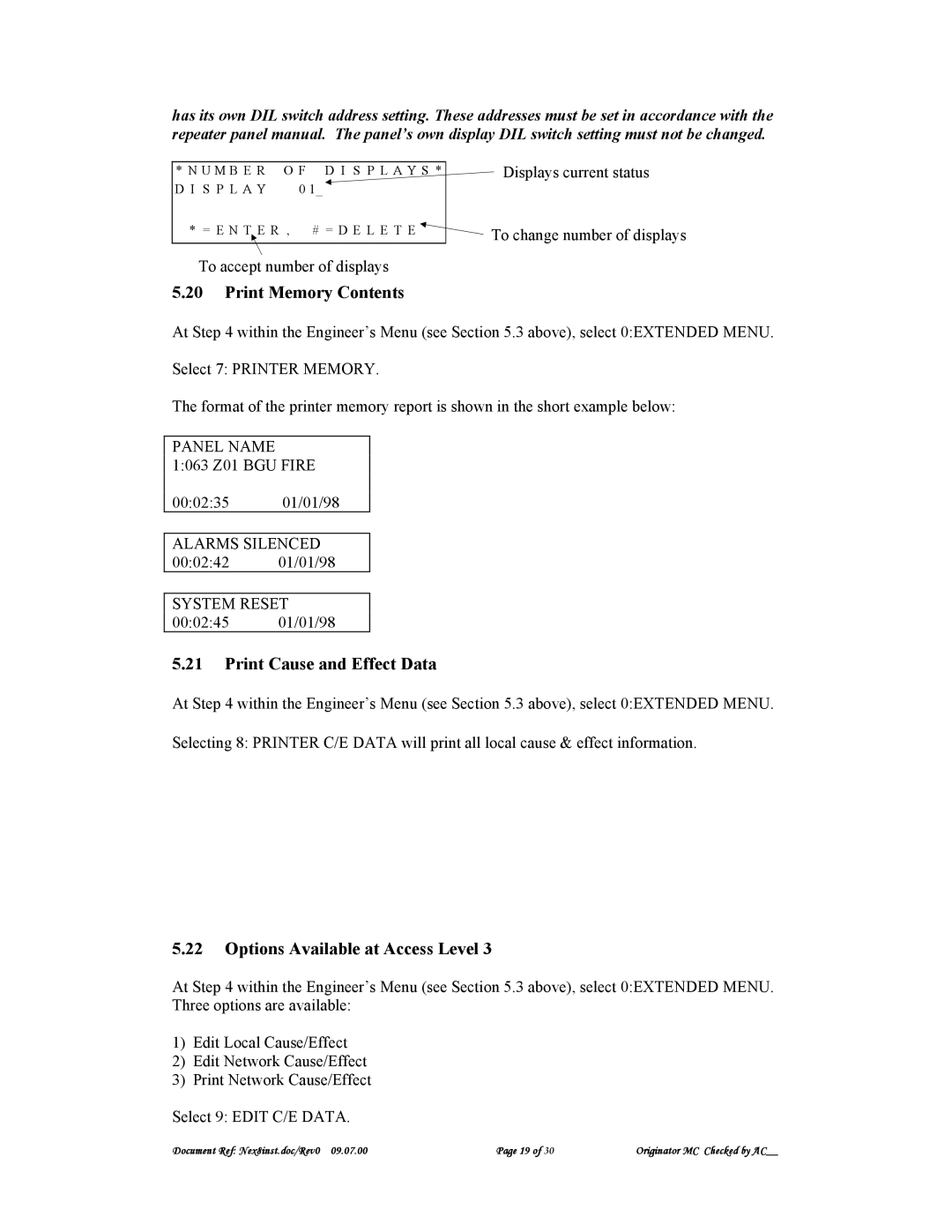 Nexus 21 A1557 Print Memory Contents, Print Cause and Effect Data, Options Available at Access Level 